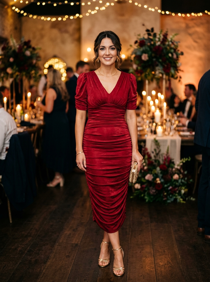 Ruby Red Ruched Midi Dress