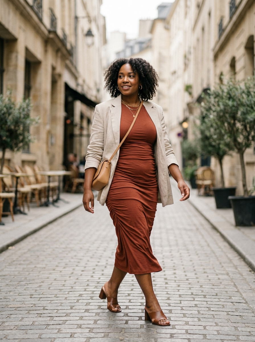 Ruched Midi Dress With a Lightweight Jacket