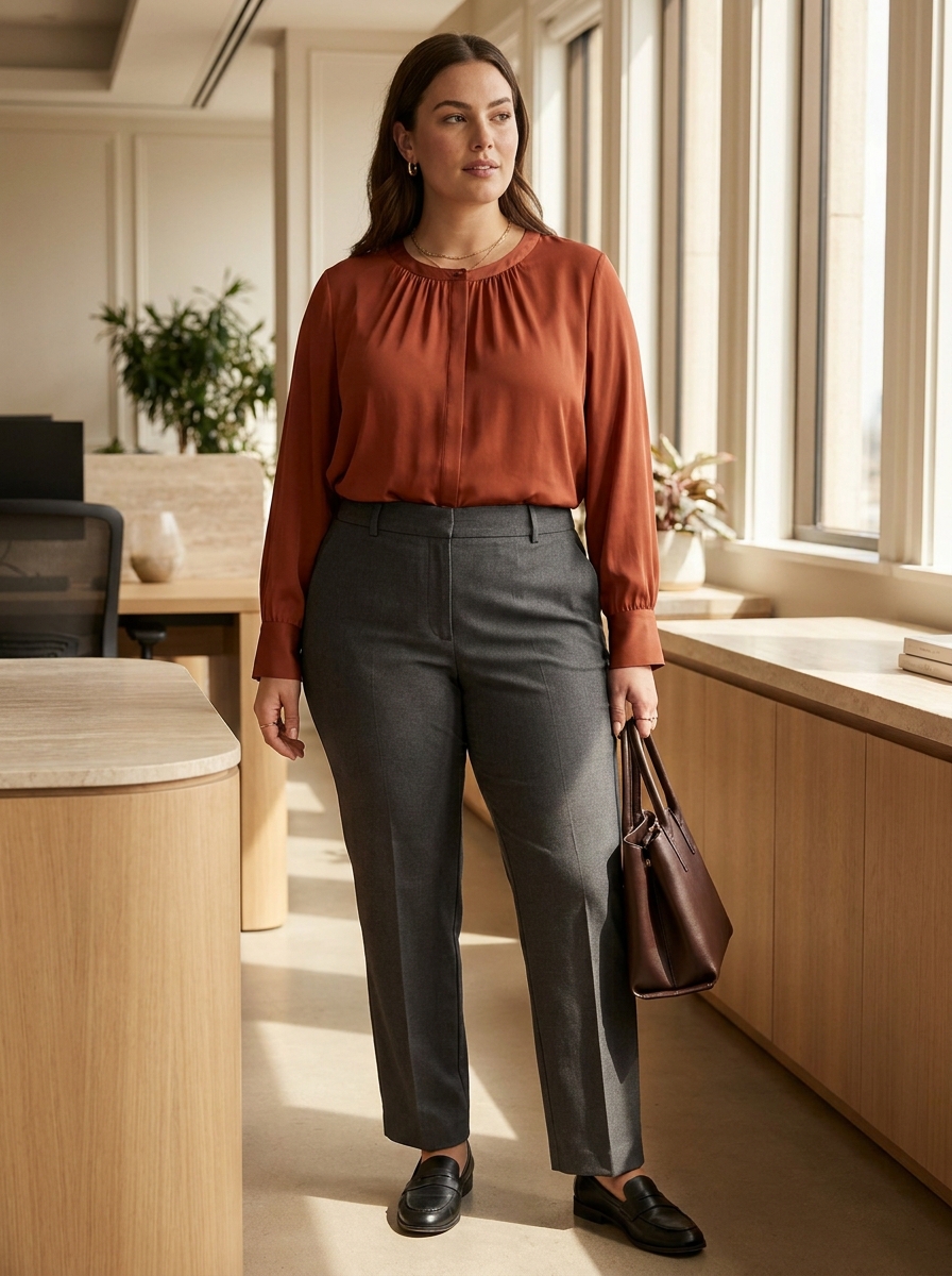 Rust Blouse With Charcoal Trousers