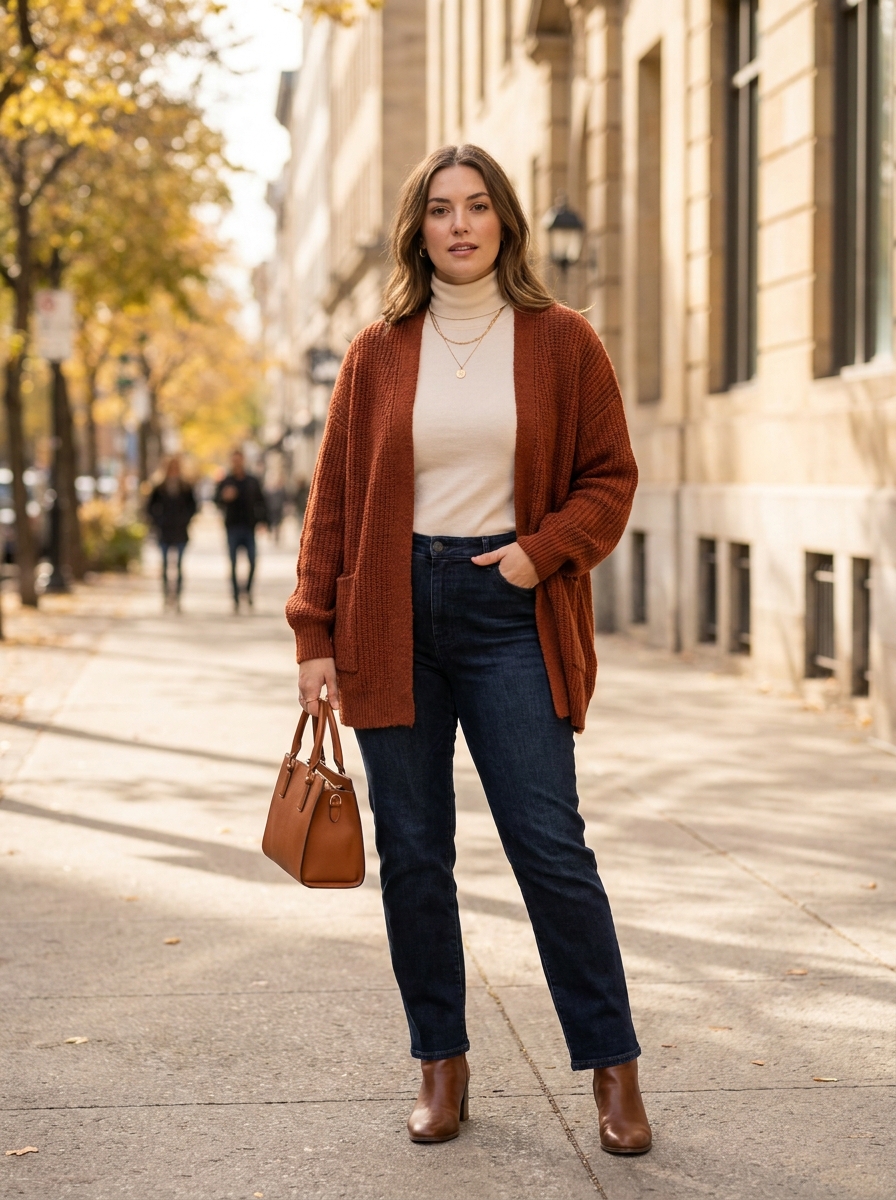 Rust Cardigan With Dark Jeans