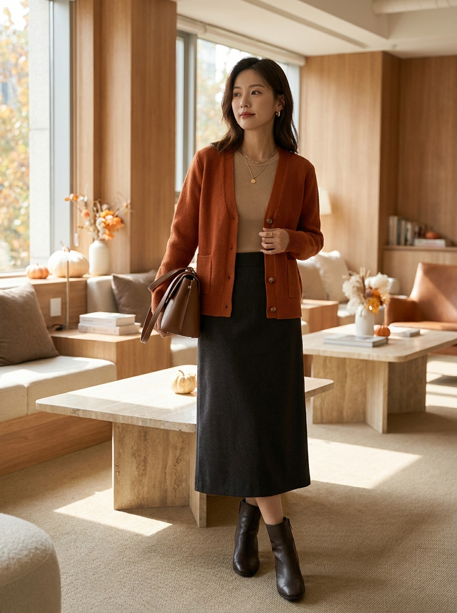Rust Cardigan With Dark Midi Skirt