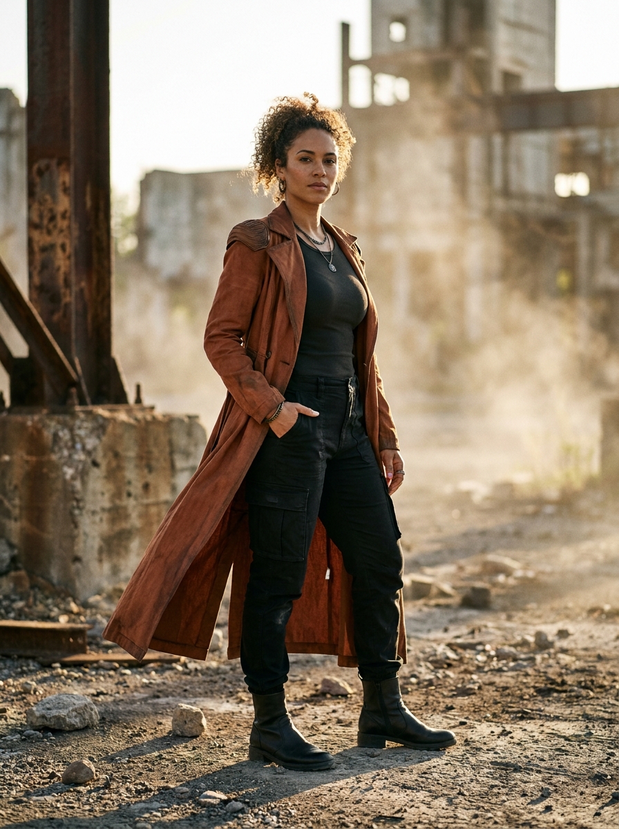 Rust Duster Coat With Black Cargo Pants