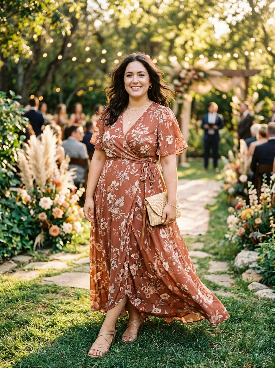 Rust Floral Wrap Maxi Dress