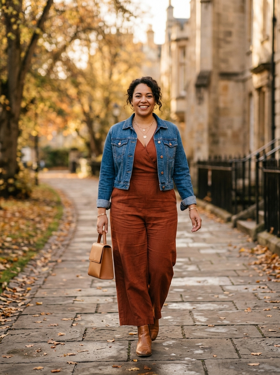 Rust Jumpsuit With a Cropped Denim Jacket