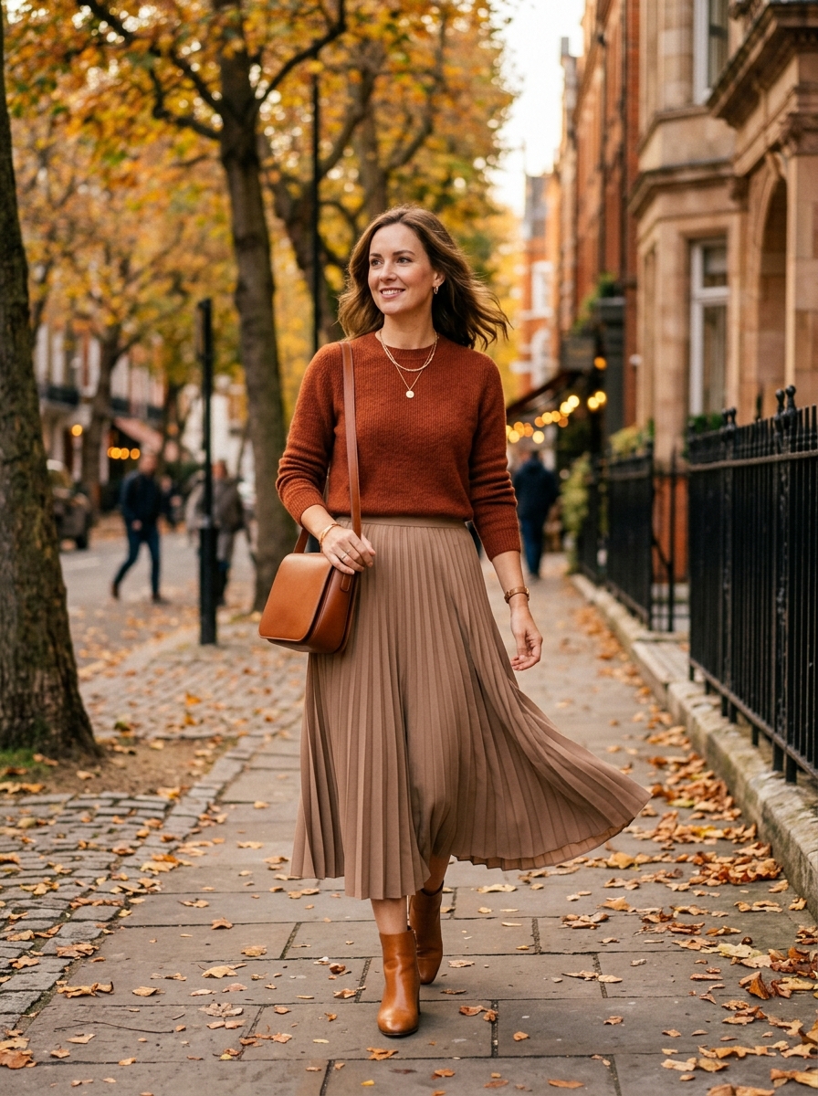 Rust Knit Top With Pleated Midi Skirt