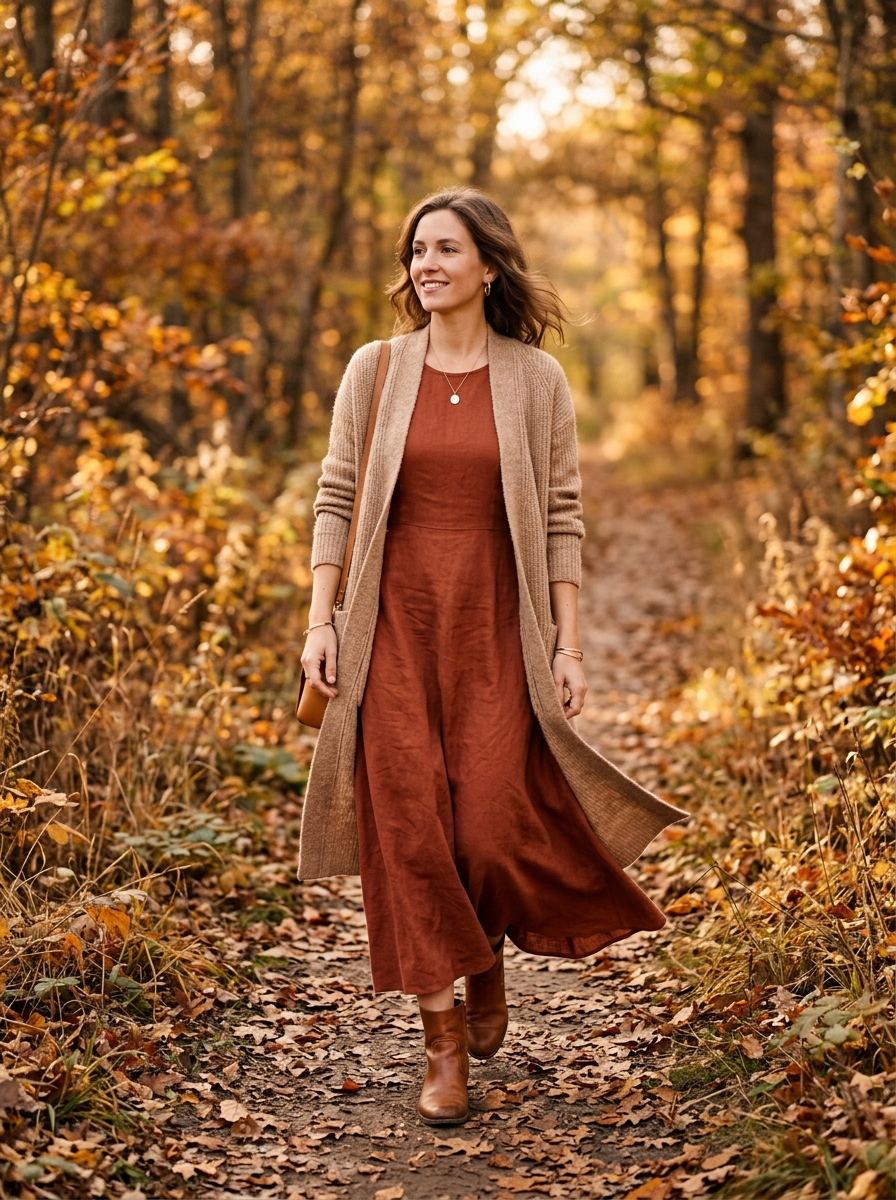 Rust Maxi Dress With a Long Knit Cardigan