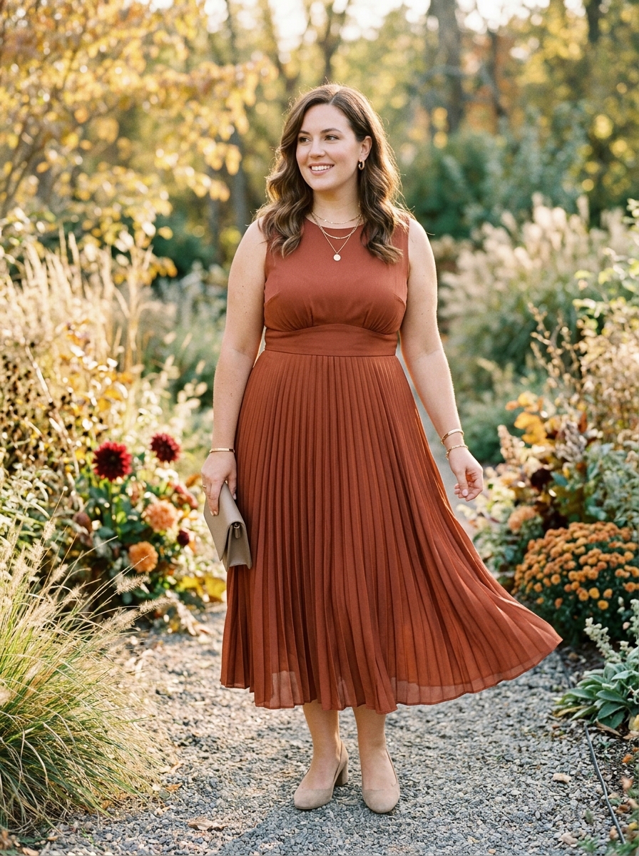 Rust Pleated Midi Dress
