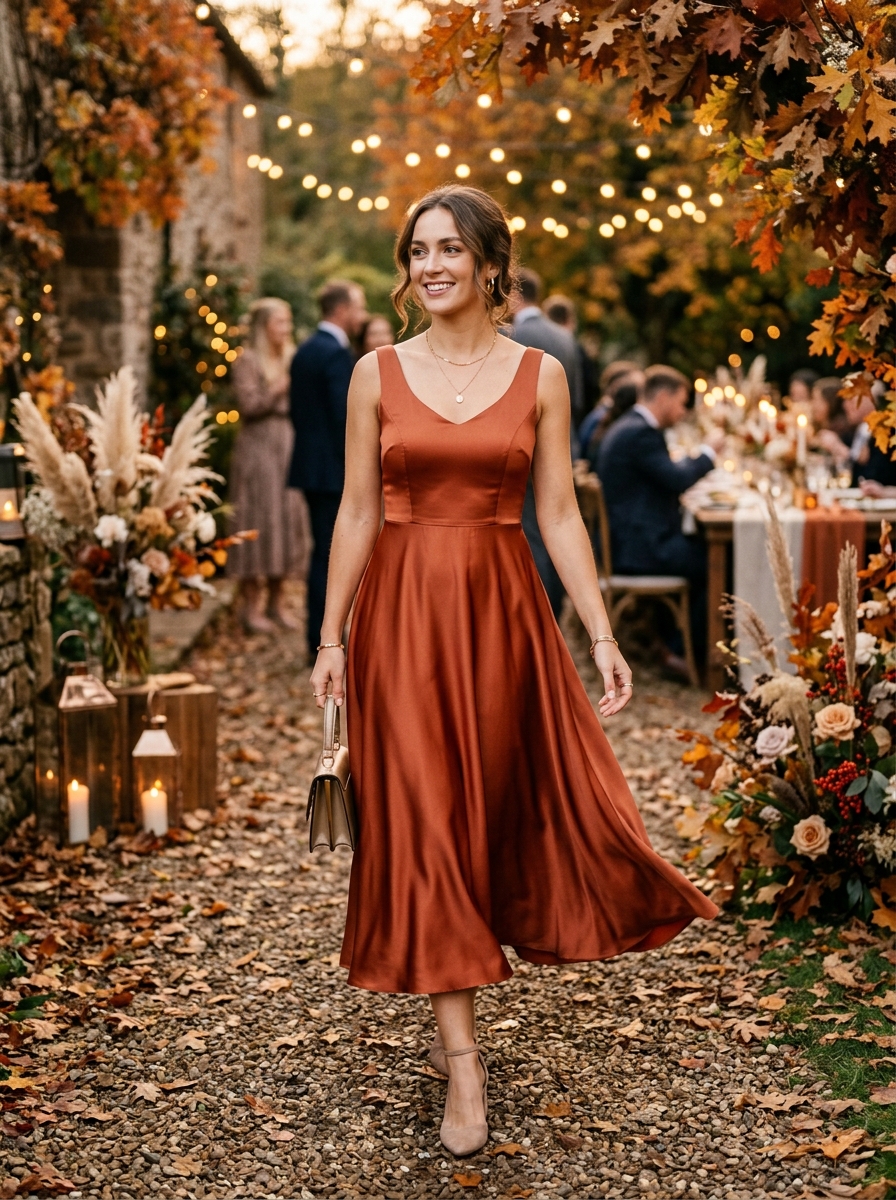 Rust Satin A-Line Dress