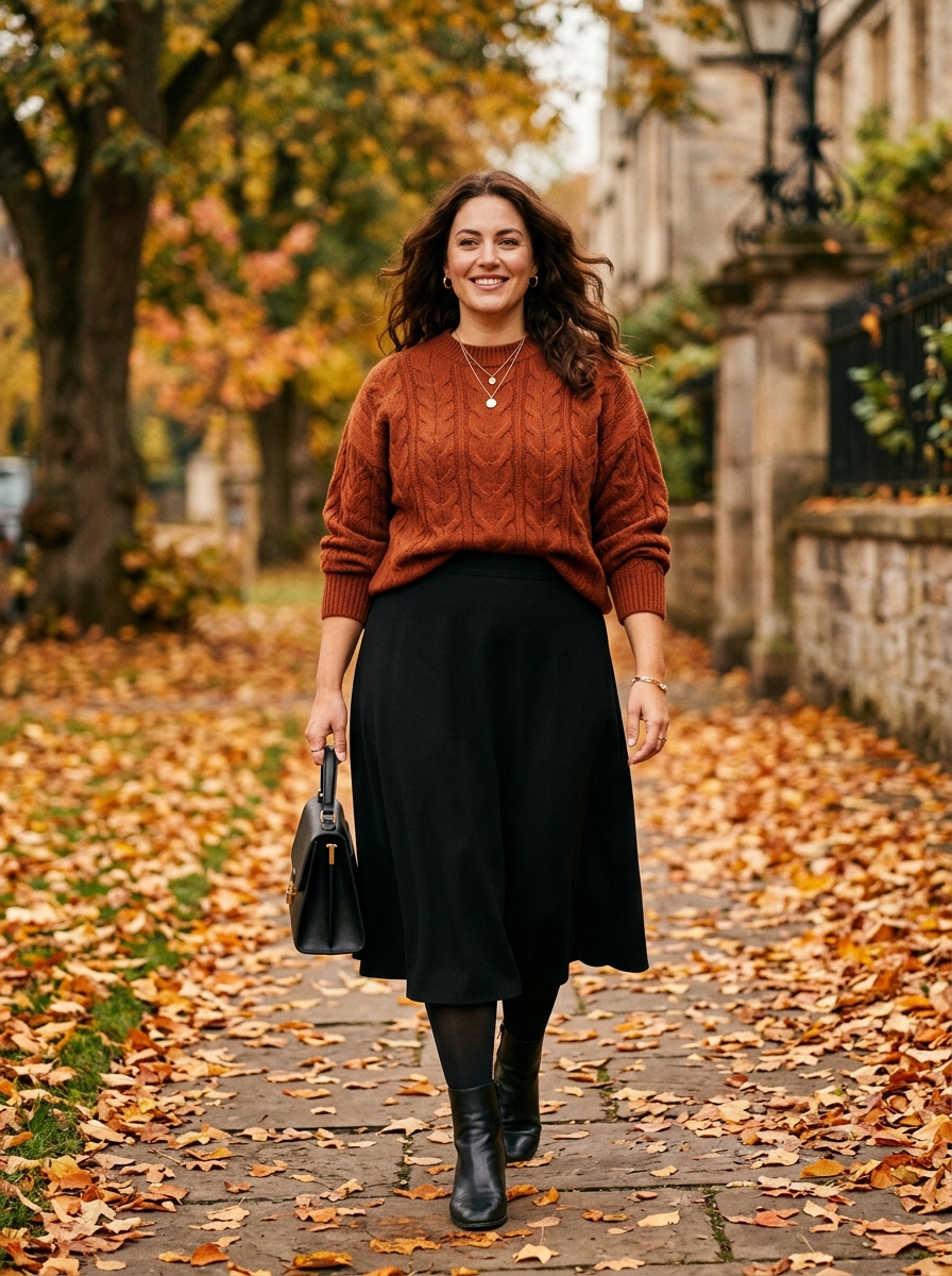 Rust Sweater With Black Midi Skirt