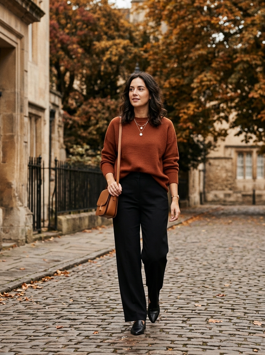 Rust Sweater With Black Wide-Leg Trousers