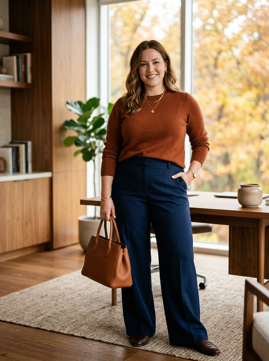 Rust Sweater With Navy Wide-Leg Trousers