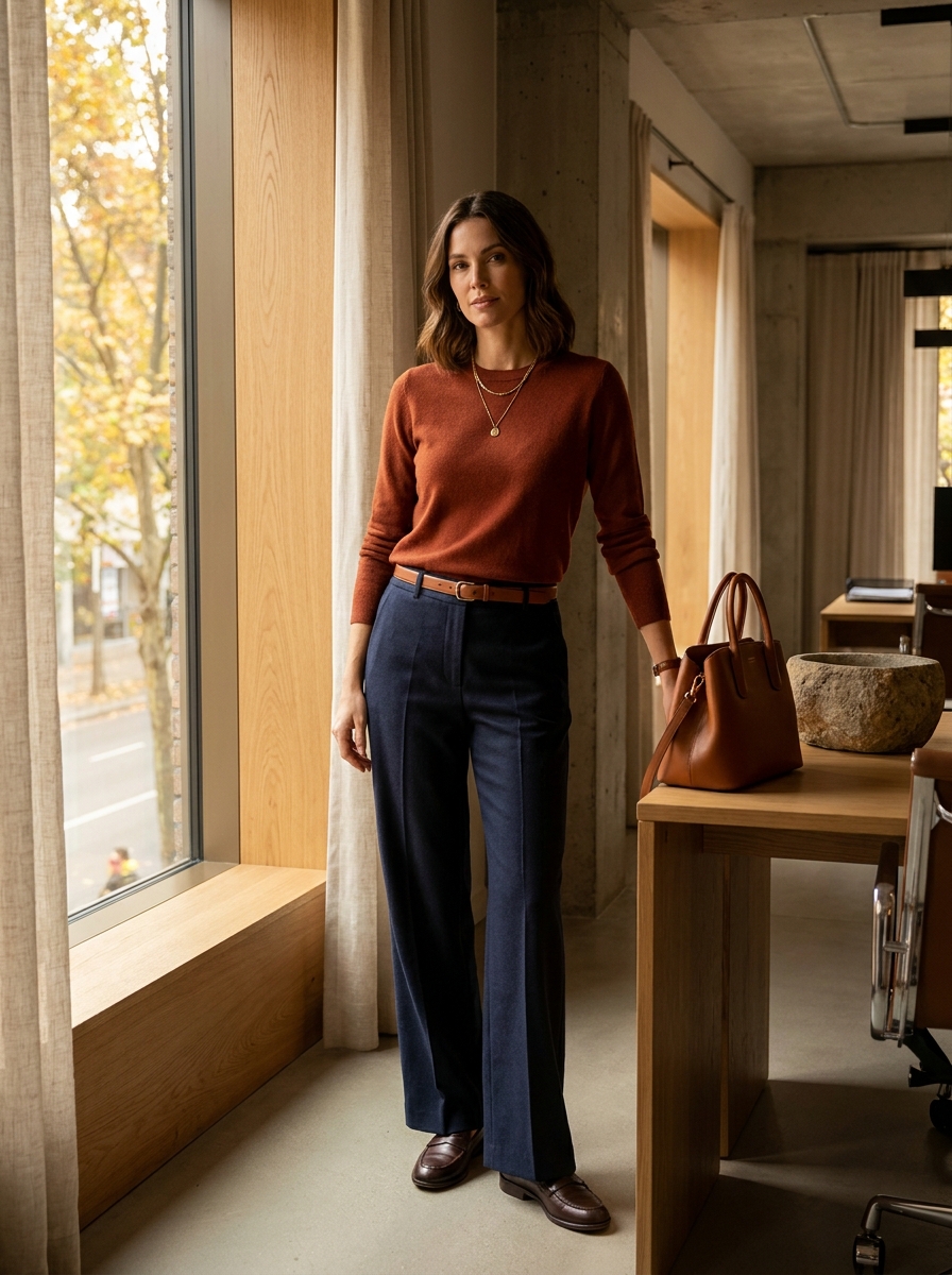 Rust Sweater With Navy Wide-Leg Trousers
