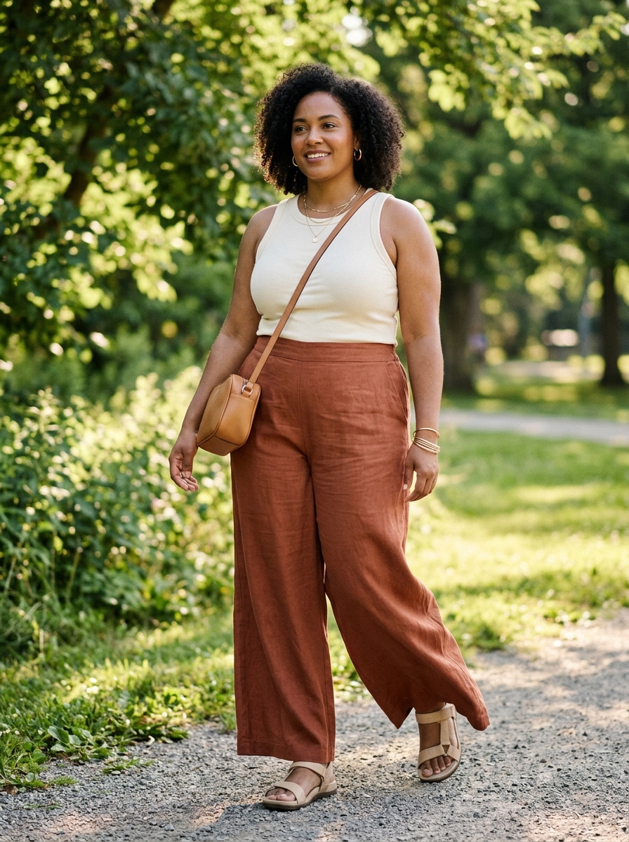 Rust Wide-Leg Pants With a Cream Tank