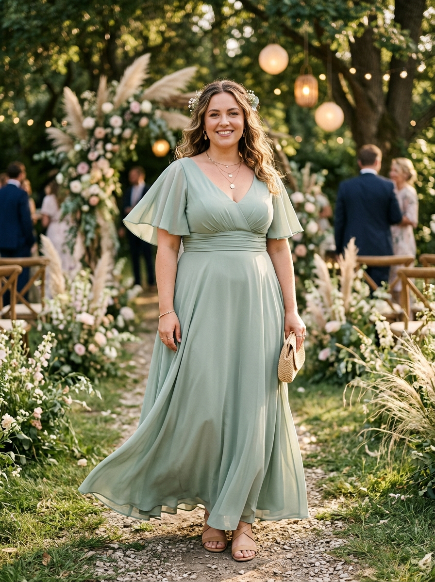 Sage Green Flutter-Sleeve Dress