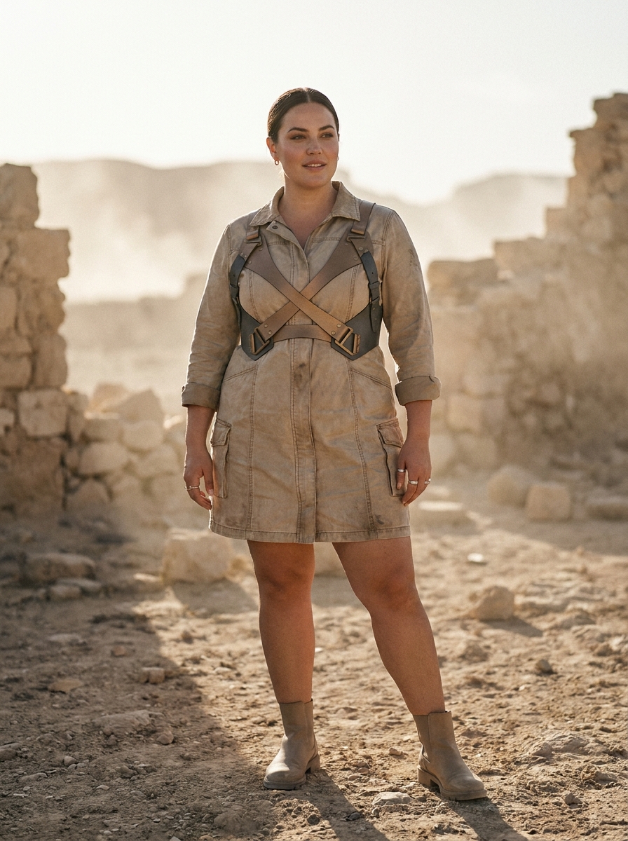 Sand Utility Dress With Layered Harness