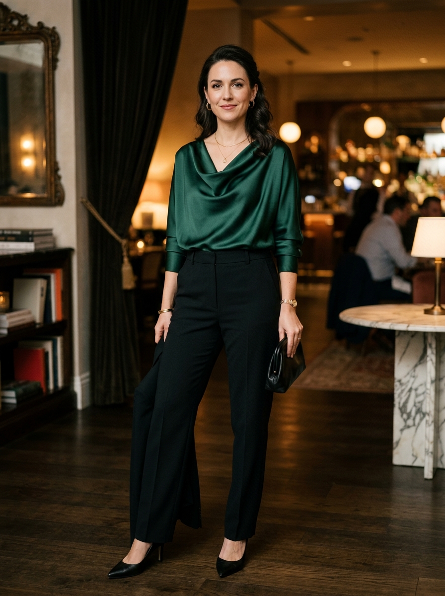 Satin Cowl-Neck Top With Tailored Trousers