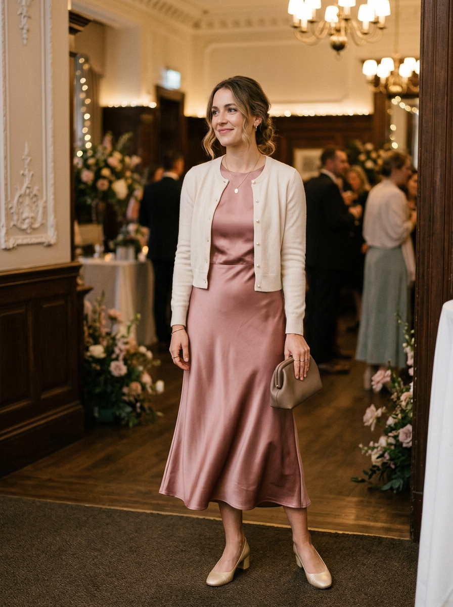 Satin Midi Dress With a Cropped Cardigan