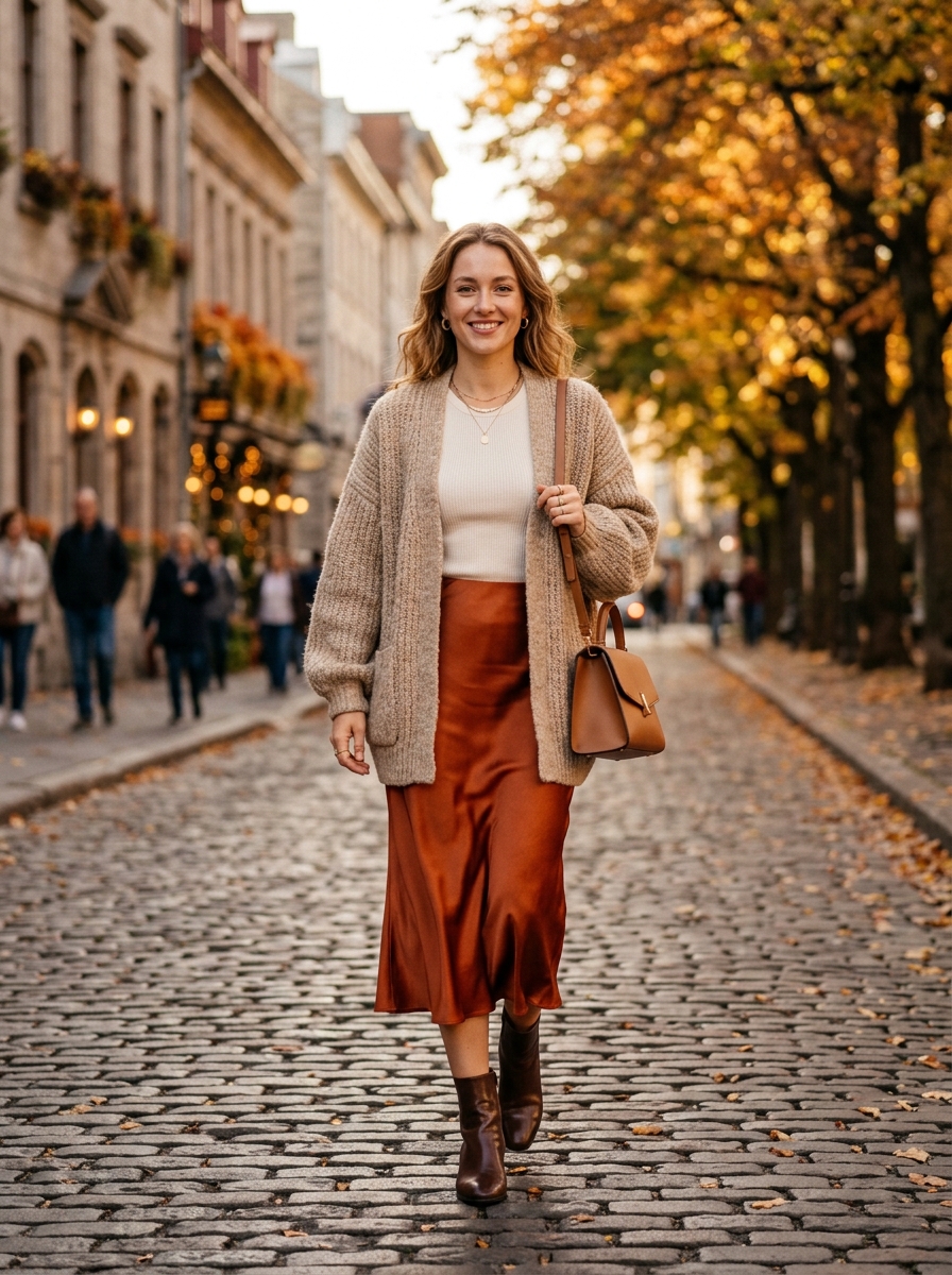 Satin Midi Skirt With Chunky Cardigan