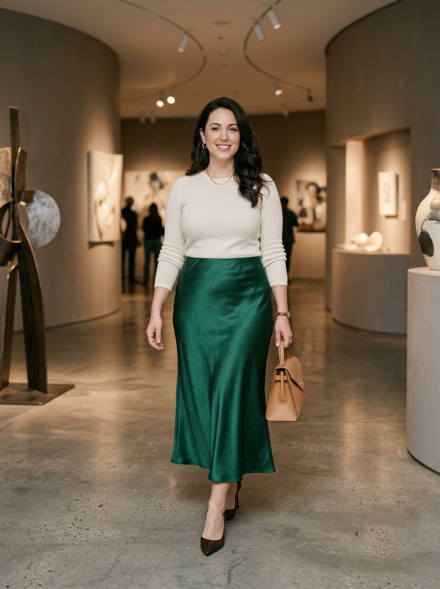 Satin Midi Skirt With a Minimal Knit Top