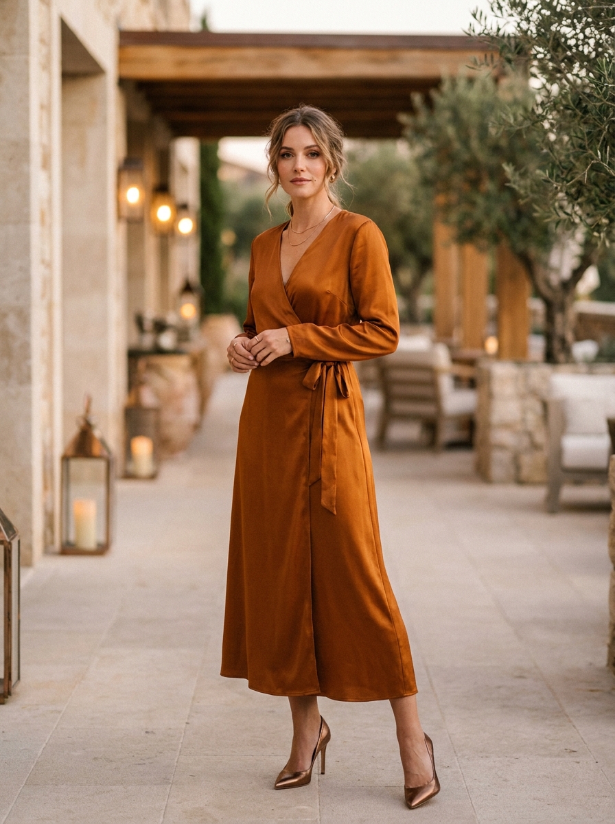 Satin Wrap Dress With Metallic Heels