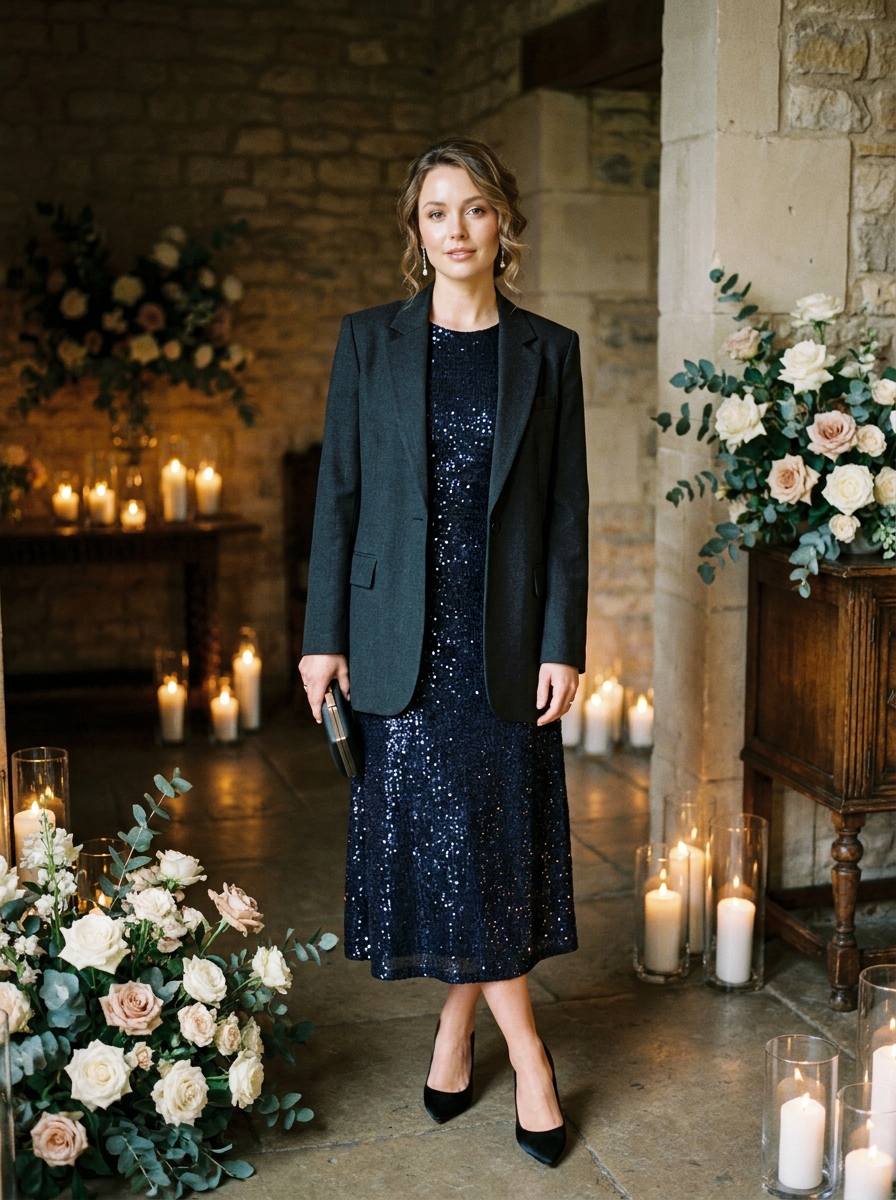 Sequined Midi Dress With Longline Blazer