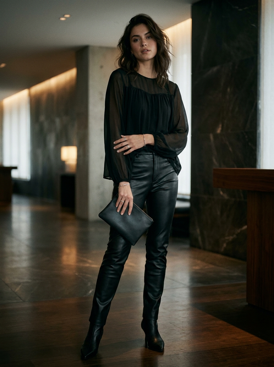 Sheer Blouse With Faux Leather Pants