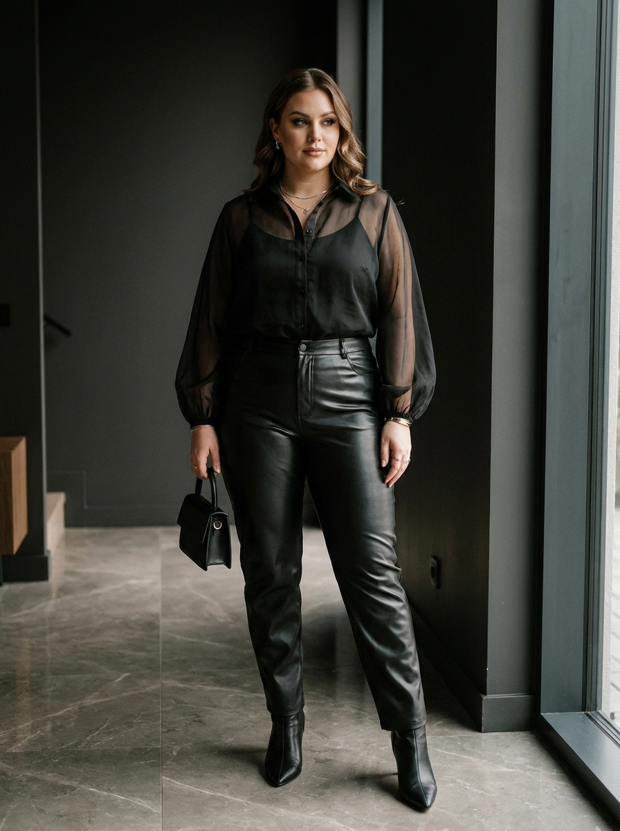 Sheer Blouse With Faux Leather Trousers