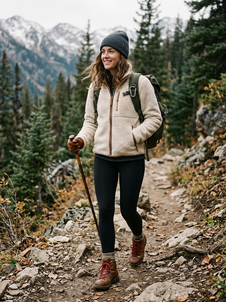 Sherpa Jacket With Black Leggings and Hiking Boots