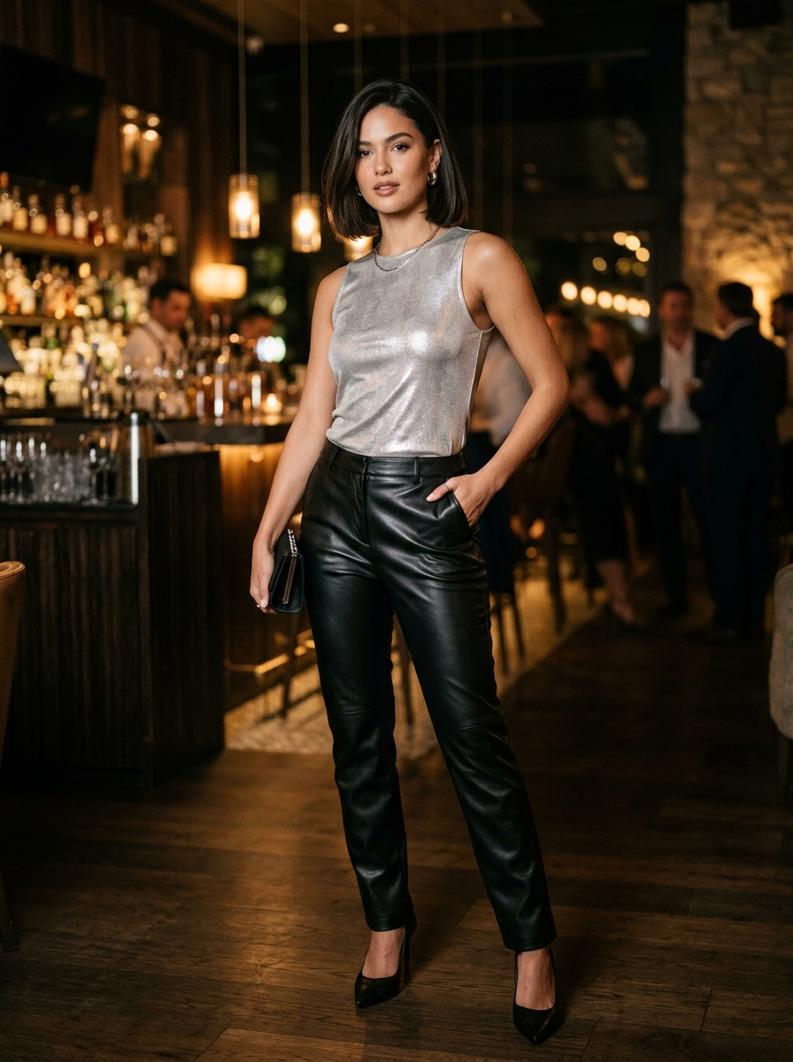 Silver Top With Black Leather Trousers