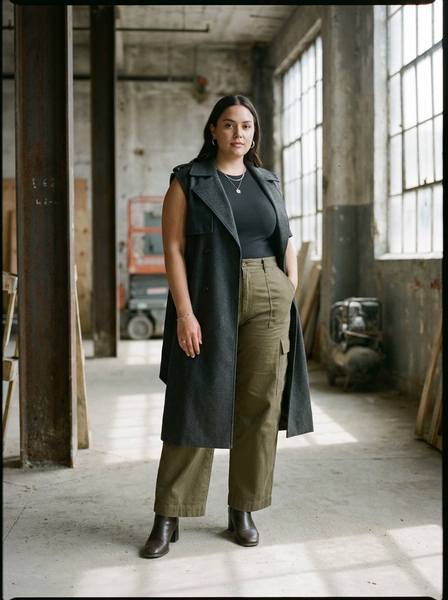 Sleeveless Trench With Wide Leg Cargo Pants