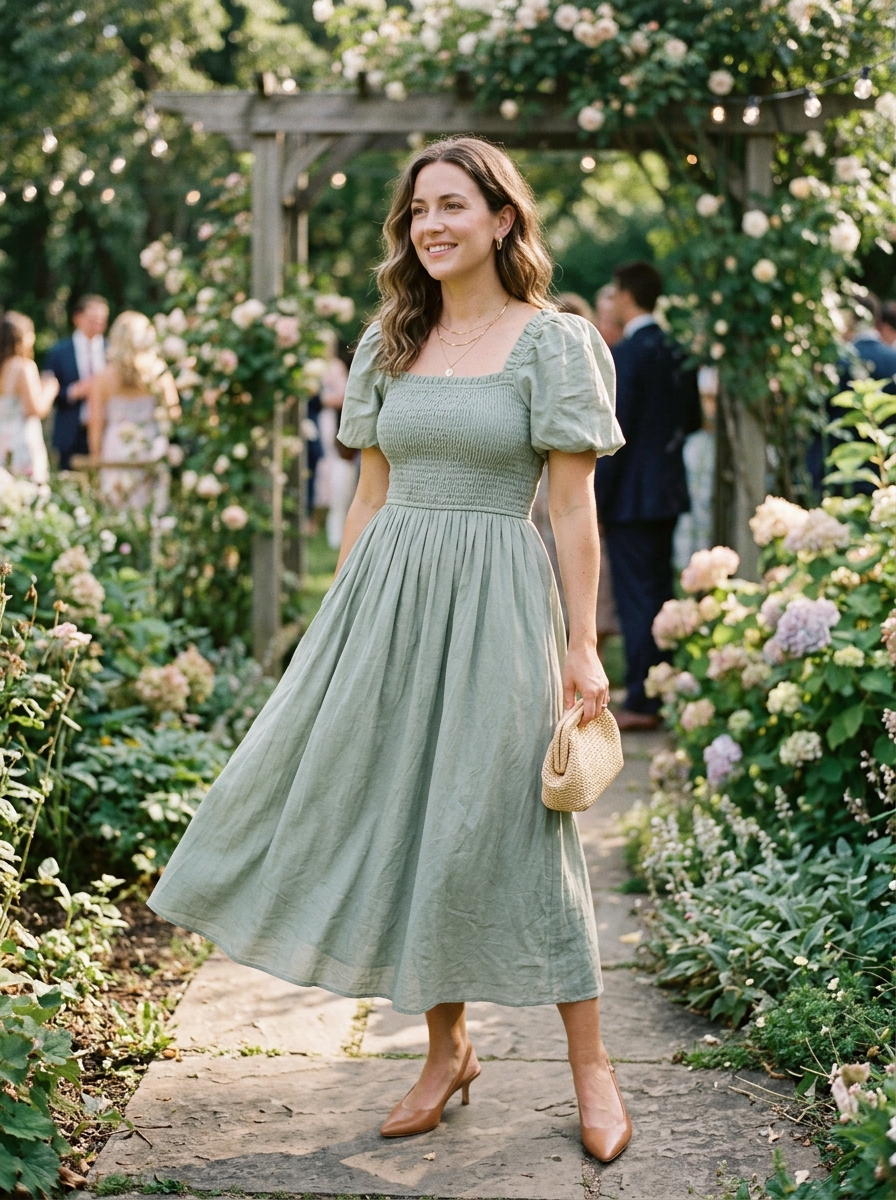 Smocked Midi Dress With Puff Sleeves