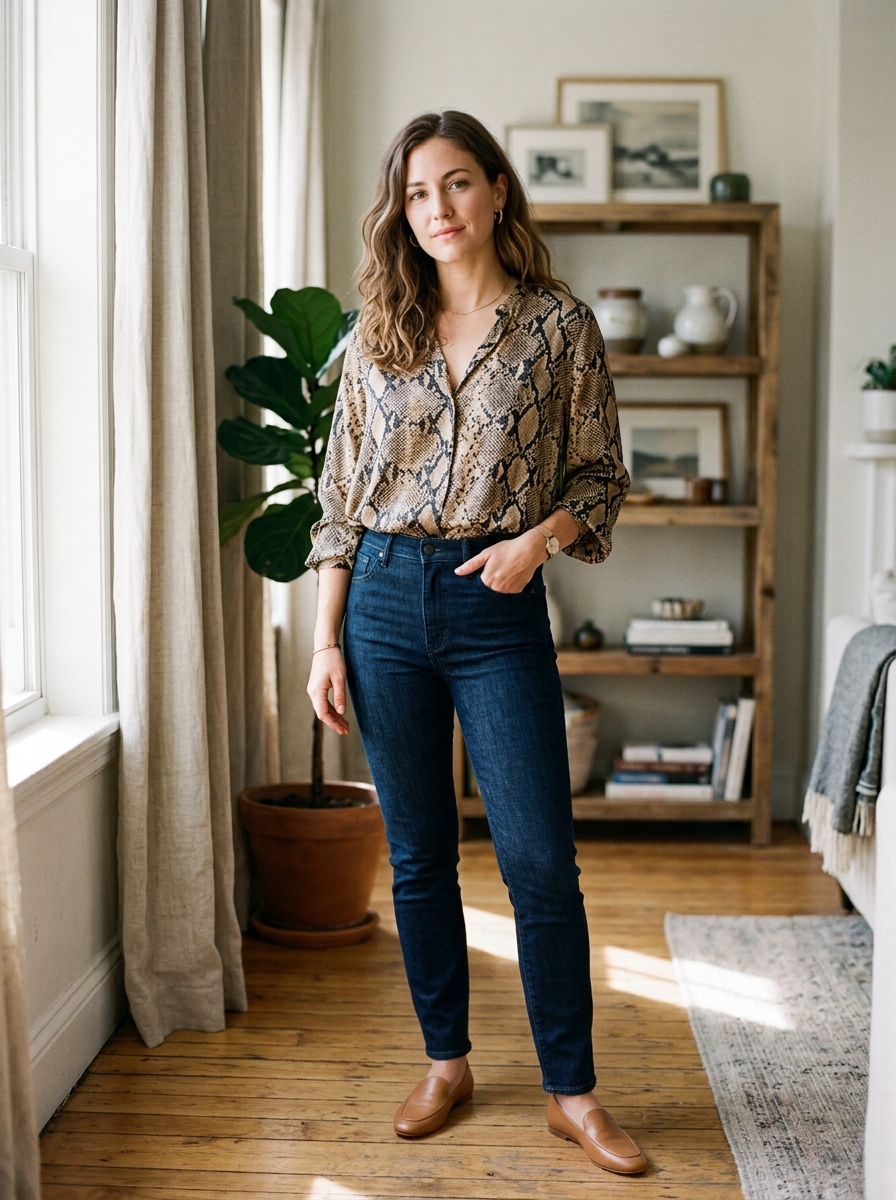 Snake Print Blouse With Dark Jeans