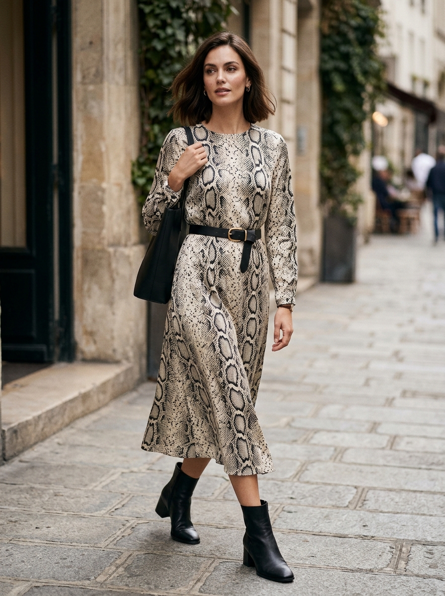 Snake Print Midi Dress With Black Belt