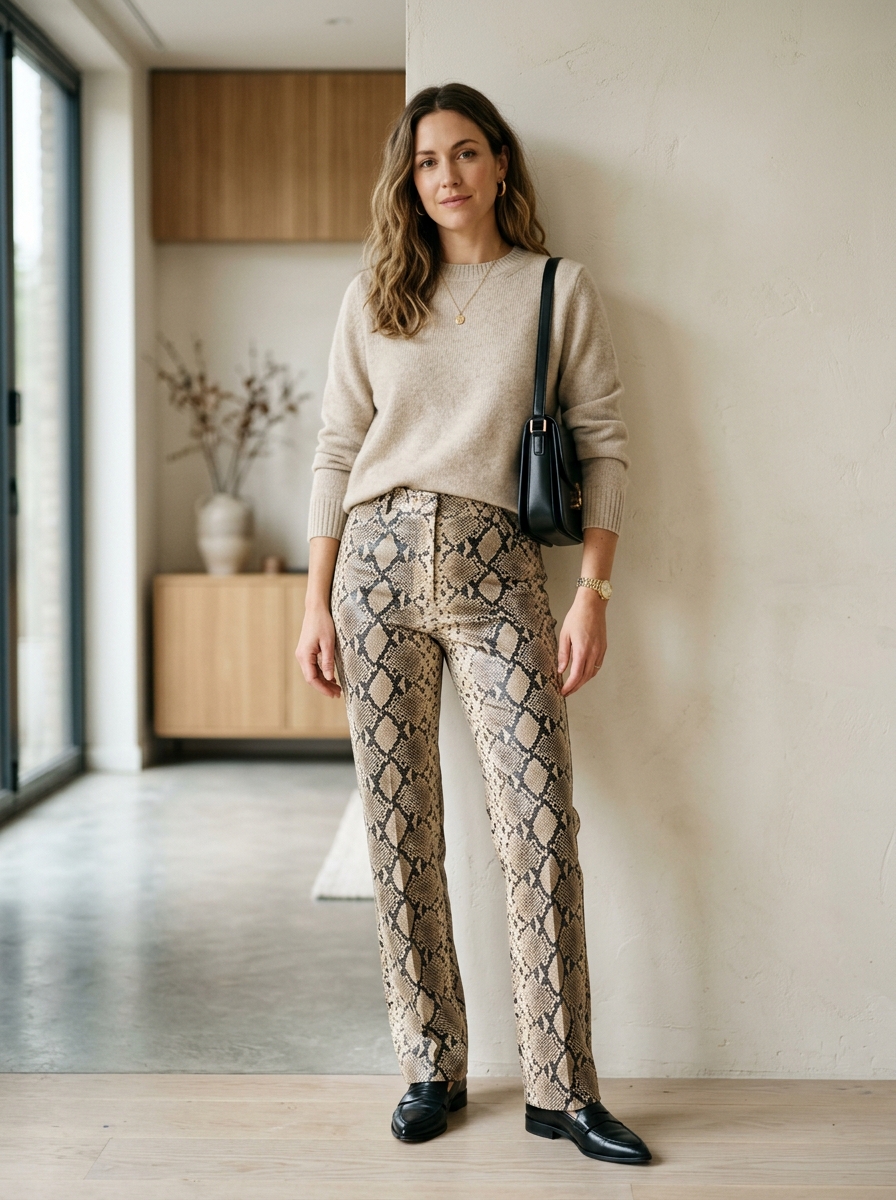 Snake Print Pants With Neutral Knit Top