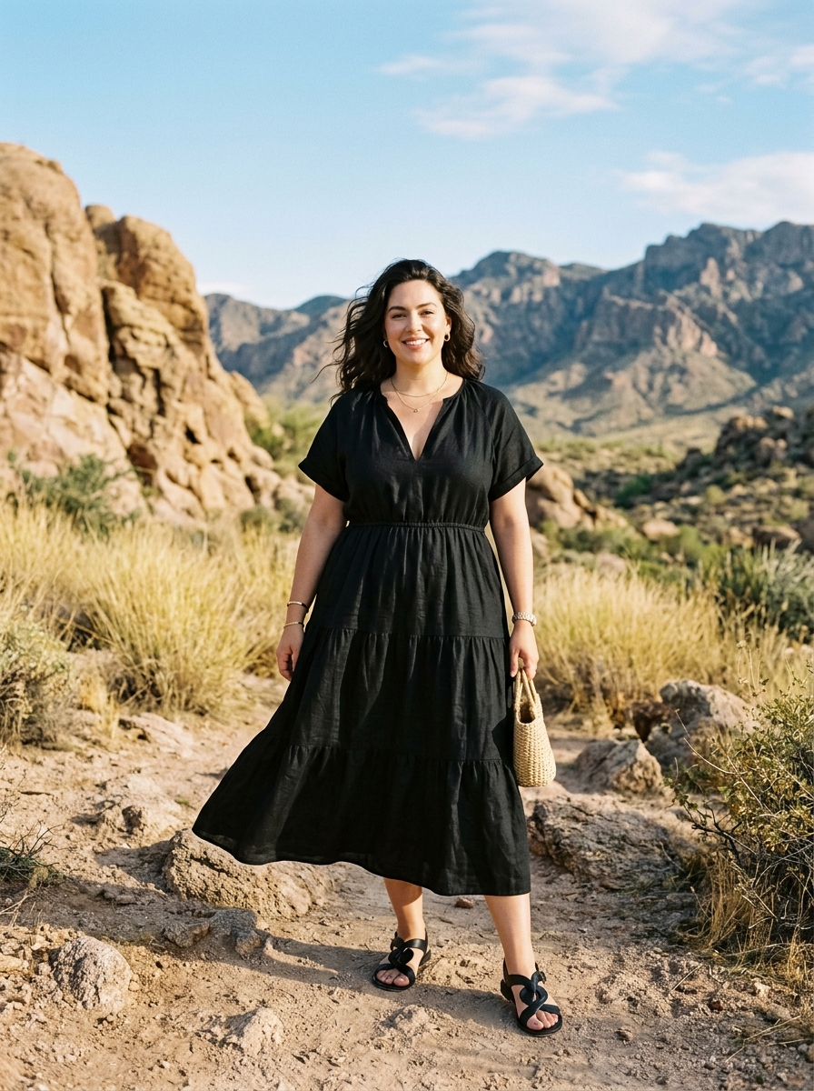 Soft Black Midi Dress With Statement Sandals
