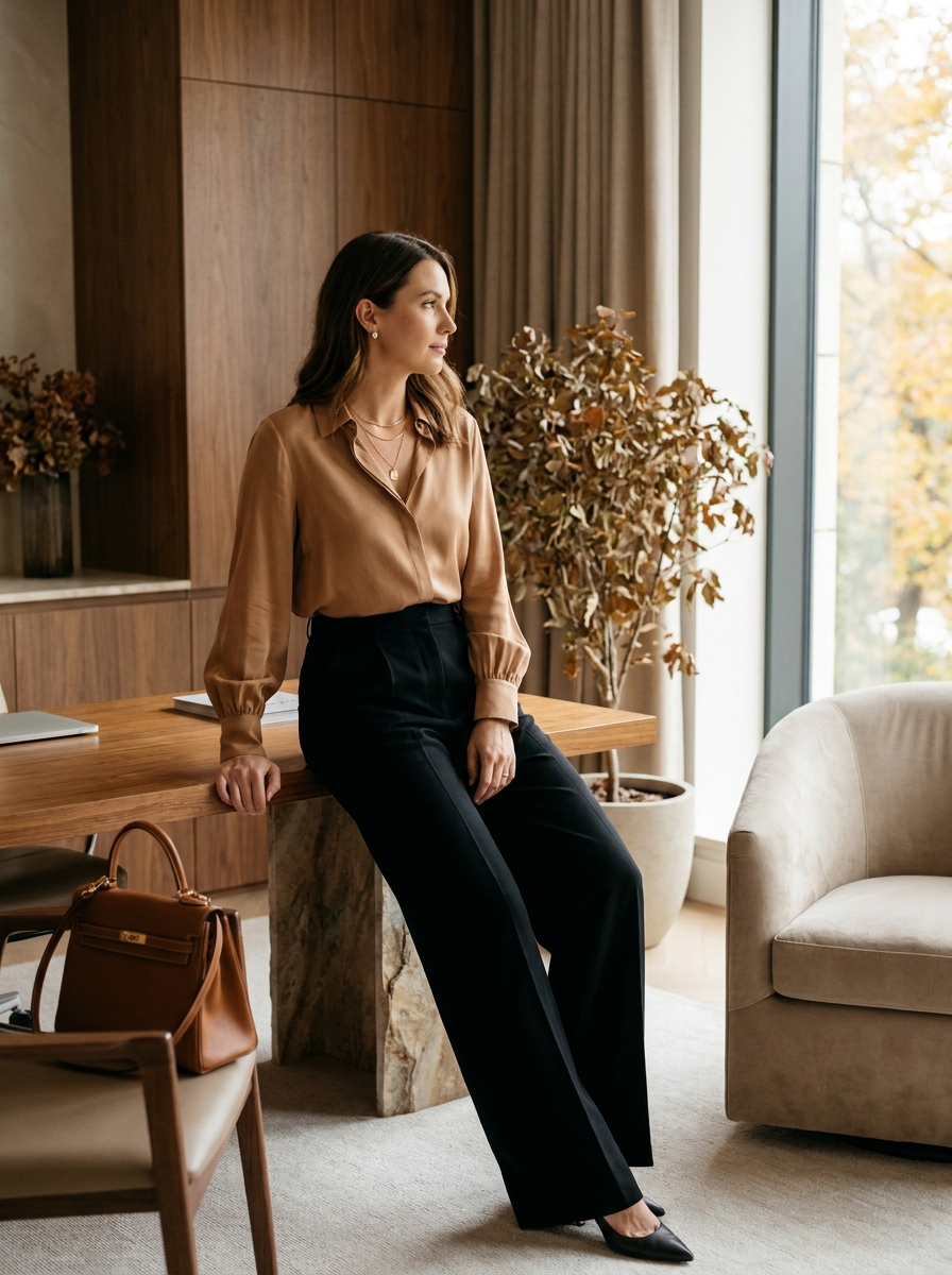 Soft Blouse With Black Wide-Leg Trousers