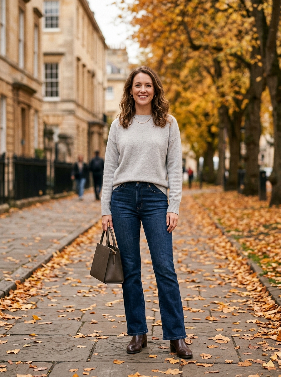 Soft Gray Sweater With Dark Bootcut Jeans
