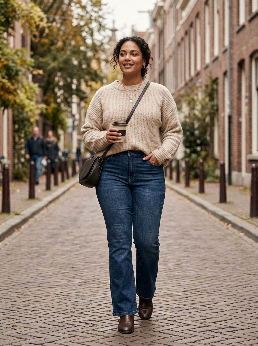 Soft Knit Sweater With High-Rise Bootcut Jeans