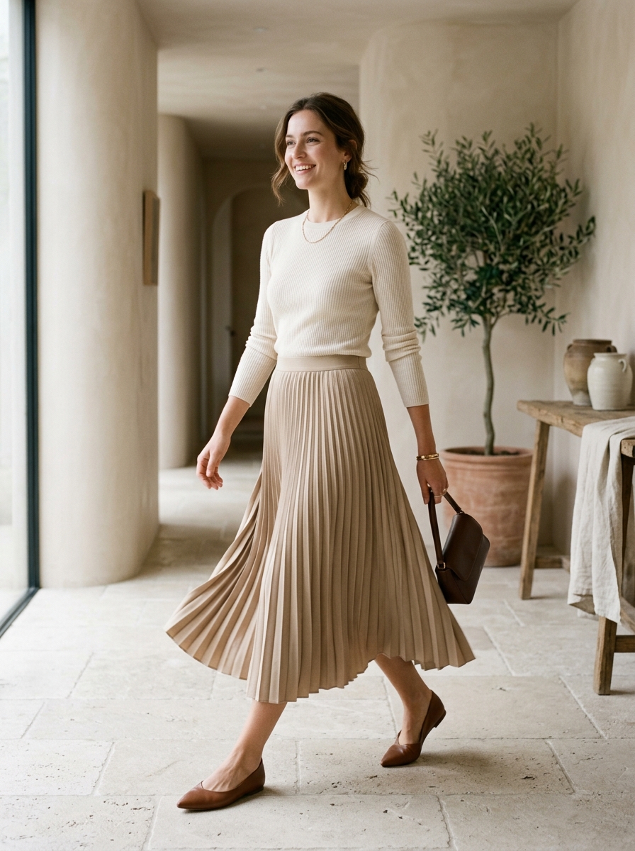 Soft Knit Top With Pleated Midi Skirt