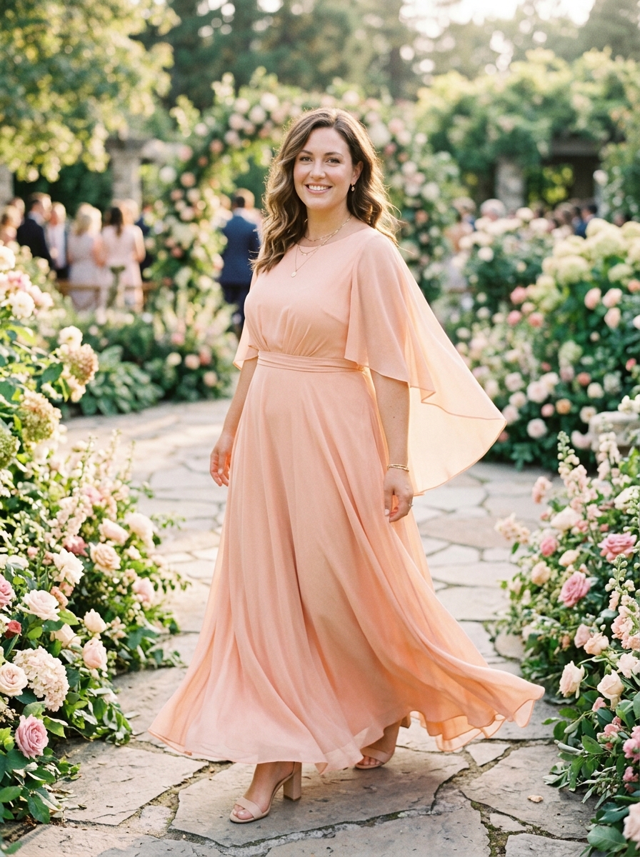 Soft Peach Maxi Dress With Cape Sleeves