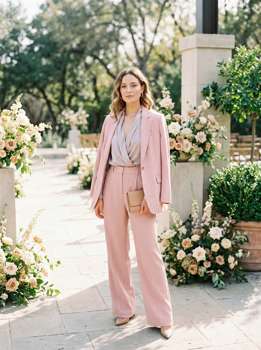 Soft Pink Suit With Draped Blouse
