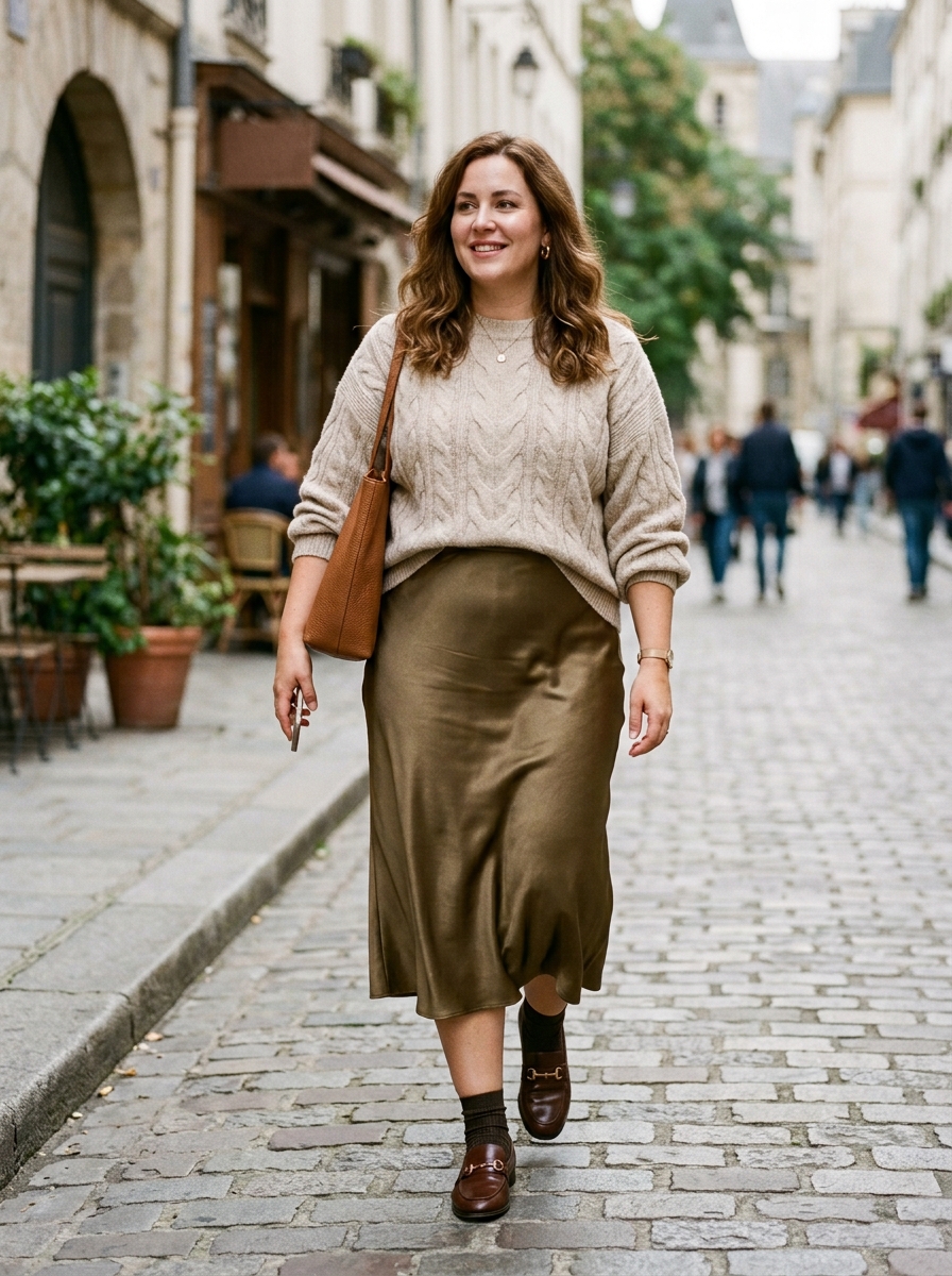Soft Sweater With Satin Midi Skirt and Loafers