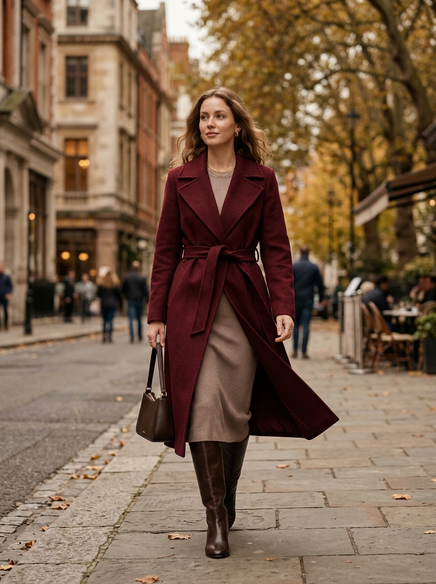 Statement Coat With Knit Dress And Knee-High Boots