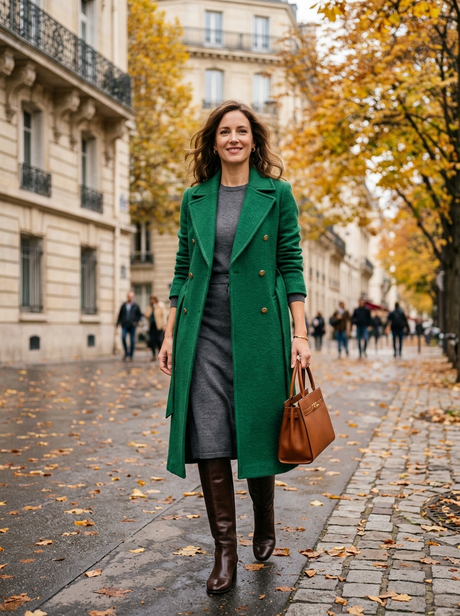 Statement Coat With Knit Dress And Knee-High Boots