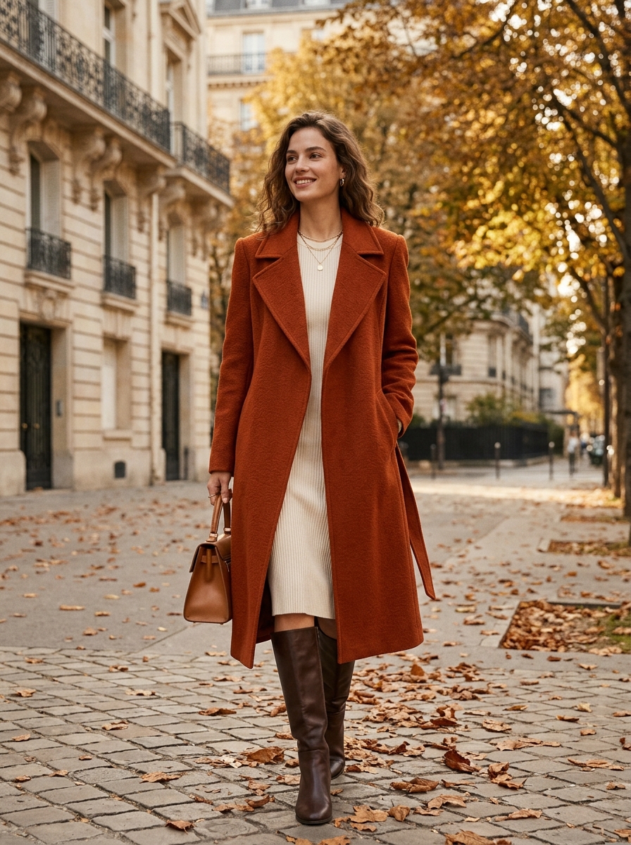Statement Coat With Knit Dress and Knee-High Boots