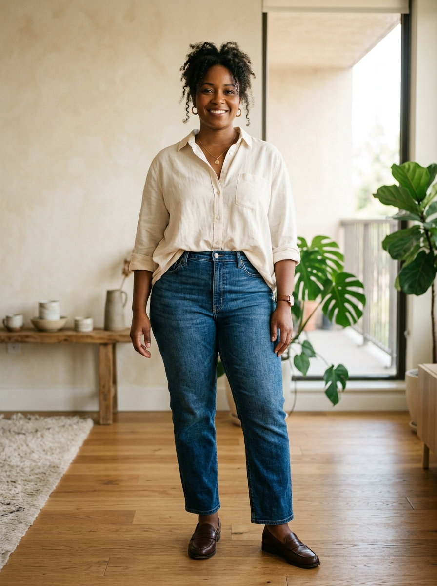 Straight-Leg Jeans With a Relaxed Button-Down