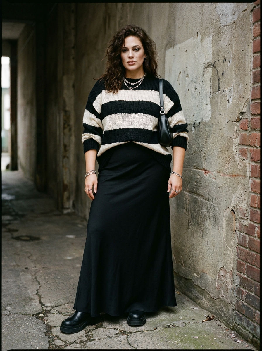 Striped Knit Sweater With Black Maxi Skirt