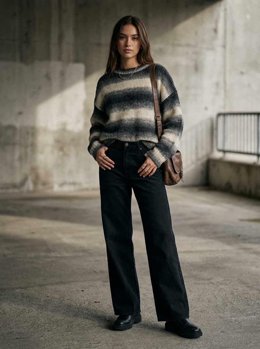Striped Knit With Wide-Leg Black Jeans