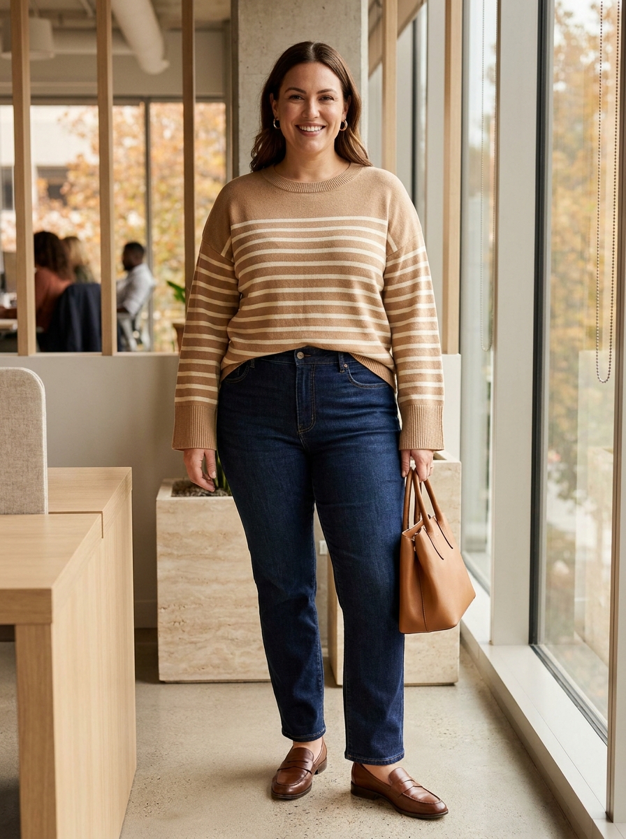 Striped Sweater With Dark Straight-Leg Jeans