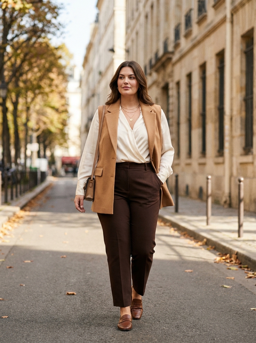 Structured Vest With a Soft Blouse and Trousers